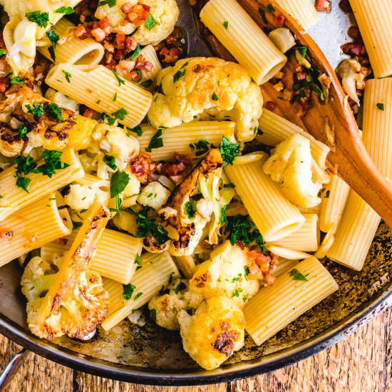 Rigatoni with Cauliflower and Bacon - Recipe photo by sipandfeast