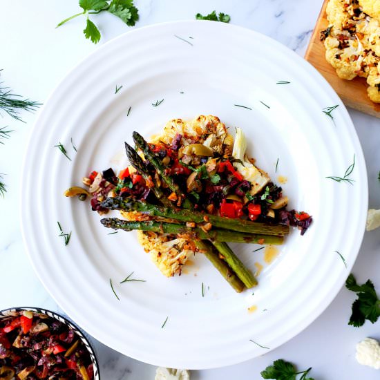Cauliflower Steaks w/ Olive Relish - Recipe photo by letstalkvegan.today