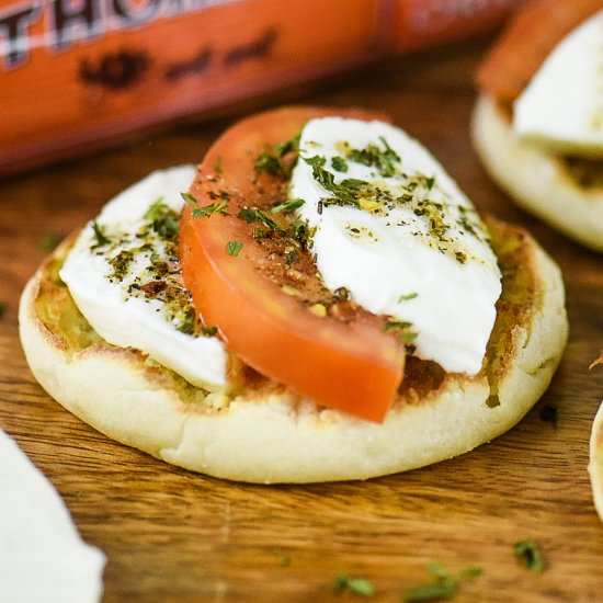 Open-Face Caprese English Muffins - Recipe photo by dudethatcookz