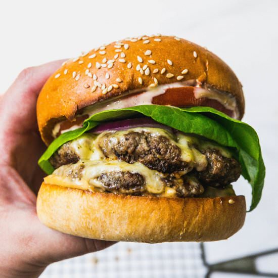 Gouda Smash Burgers w Honey Mustard - Recipe photo by Never Not Hungry