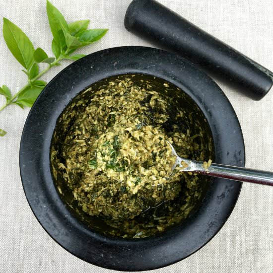 Pesto using a Mortar and Pestle - Recipe photo by PetersFoodAdventures