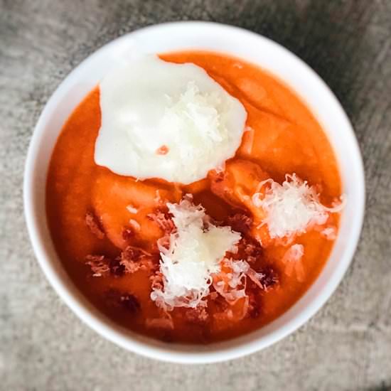 SALMOREJO WITH ICE CREAM OF CHEESE - Recipe photo by deliciousspanishfood