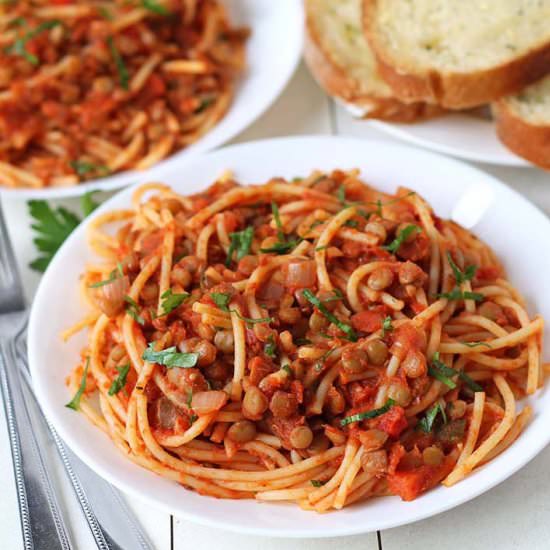 Shortcut Vegan Bolognese - Recipe photo by Delightful Adventures