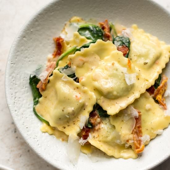 Creamy Tuscan Ravioli - Recipe photo by saltandlavender