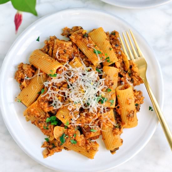 Rigatoni with Cauliflower Bolognese - Recipe photo by twoofakindcooks