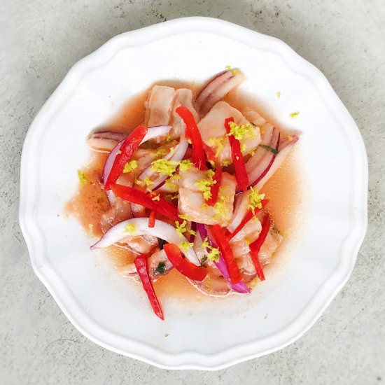 CEVICHE DE LUBINA, TOMATO AND BASIL - Recipe photo by deliciousspanishfood