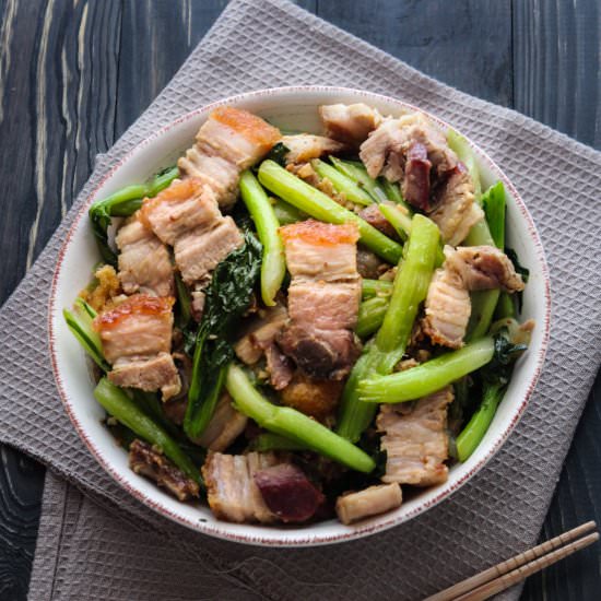 Crispy Pork Stir Fried with Greens - Recipe photo by WokandKin
