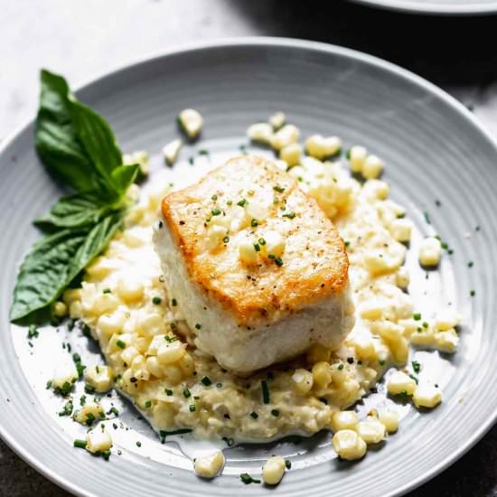 Halibut with Creamed Corn - Recipe photo by cookingforkeeps