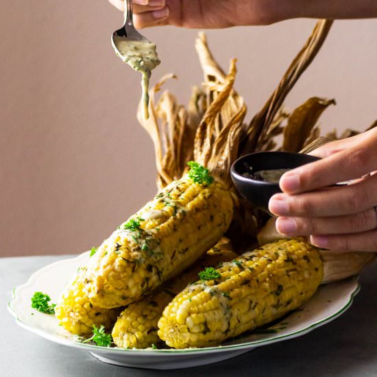 Herb Tahini Corn on the Cob - Recipe photo by veeatcookbake