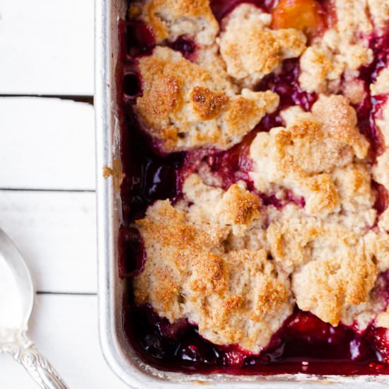 Vegan Raspberry Peach Cobbler - Recipe photo by ONEarmedMAMA