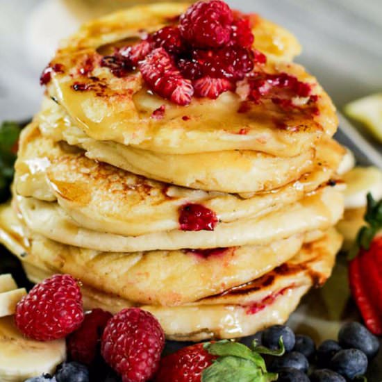 Raspberry Lemon Ricotta Pancakes - Recipe photo by savorandsavvy.com