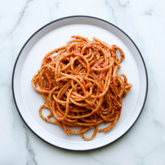 Bucatini and Sun Dried Tomato Pesto - Recipe photo by Craving California