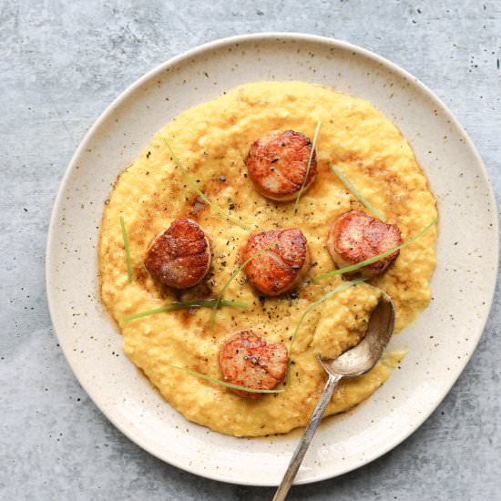 Creamy Corn Porridge with Scallops - Recipe photo by Craving California