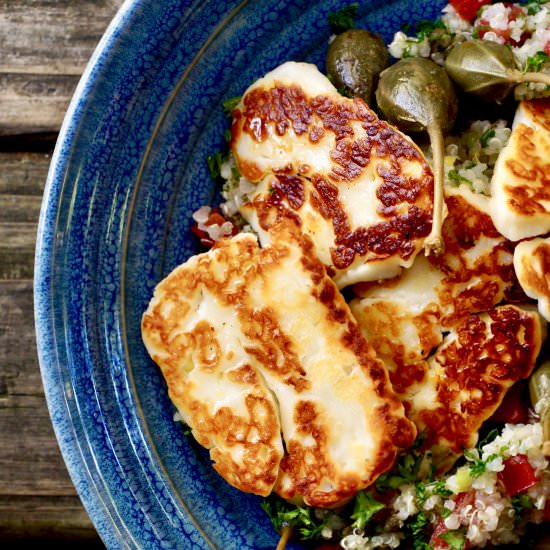 Seared Halloumi With Grains - Recipe photo by simmerandsauce