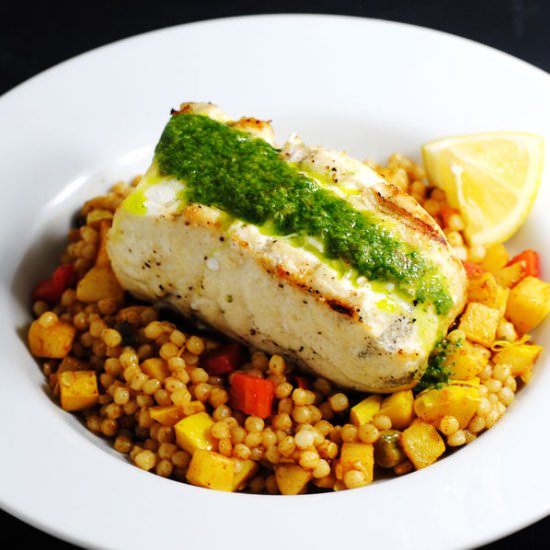 Grilled halibut with chermoula - Recipe photo by white plate blank slate