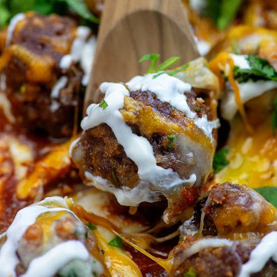 ENCHILADA MEATBALL CASSEROLE - Recipe photo by ThatLowCarbLife
