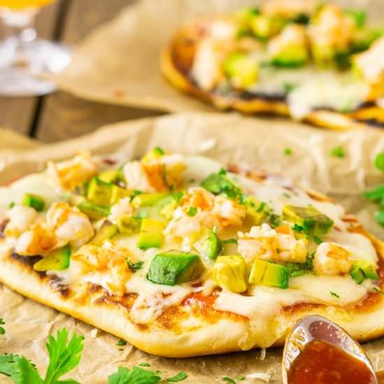 Shrimp & Avocado Grilled Naan Pizza - Recipe photo by Burrata and Bubbles