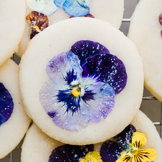 Pansy Topped Shortbread Cookies - Recipe photo by theviewfromgreatisland