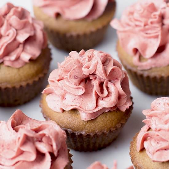 Lemon Cupcakes w/ Strawberry Icing - Recipe photo by Whisk in Wellness