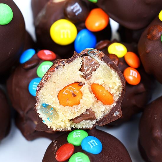 M&M Cookie Dough Truffles - Recipe photo by lightscamerabake