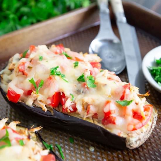 Cheesy Chicken Stuffed Eggplant - Recipe photo by Running to the Kitchen