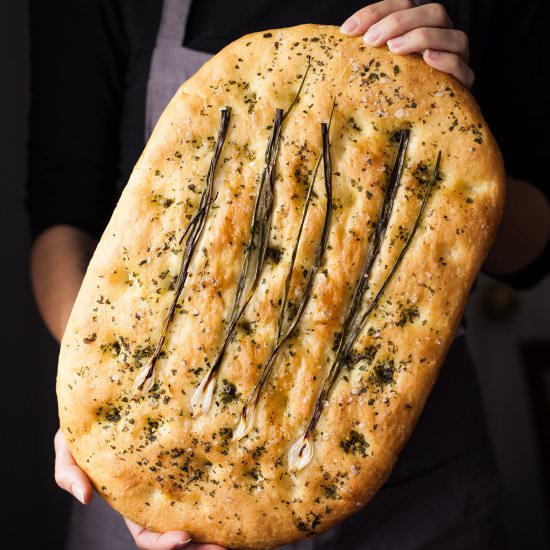 Garlic Herb & Onion Focaccia - Recipe photo by The Simple Green