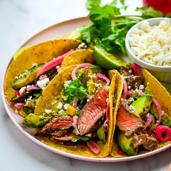 Tacos Carne Asada w/Grass Fed Steak - Recipe photo by garlic and zest