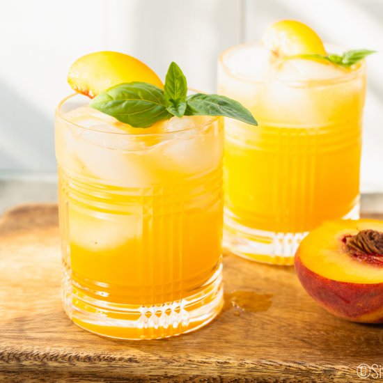 Basil Peach Whiskey Cocktail - Recipe photo by sipandspice