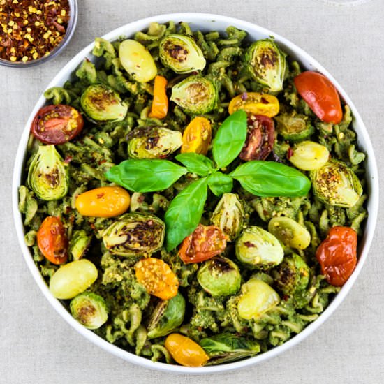 Roasted Vegetable Pasta with Pesto - Recipe photo by healthymidwesterngirl