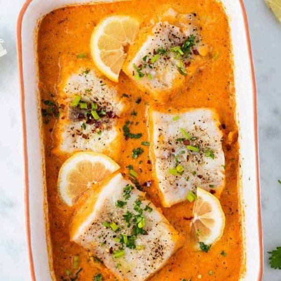 Baked Cod in Roasted Red Pepper - Recipe photo by SunkissedKitch