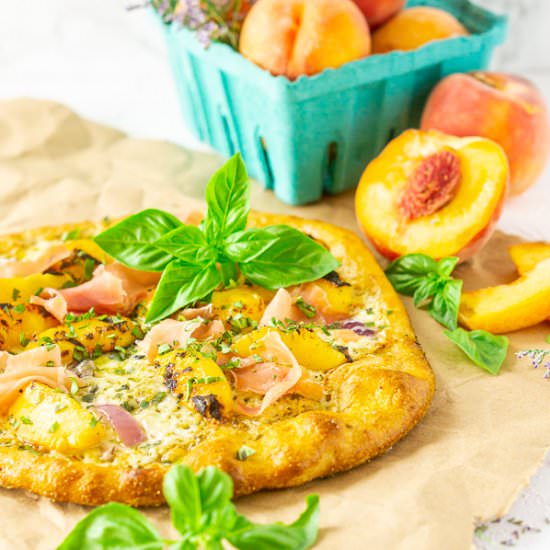 Prosciutto and Grilled Peach Pizza - Recipe photo by Burrata and Bubbles