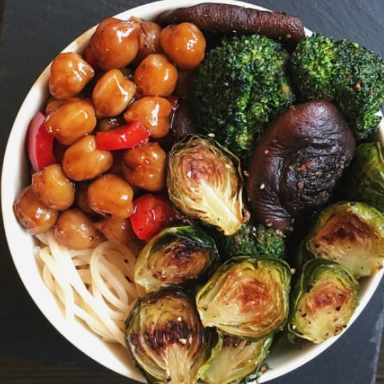 Teriyaki Chickpeas with Brussels - Recipe photo by fromthecomfortofmybowl