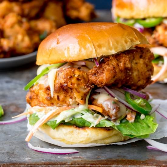 Crispy Buttermilk Chicken Burger - Recipe photo by KitchenSanctuary