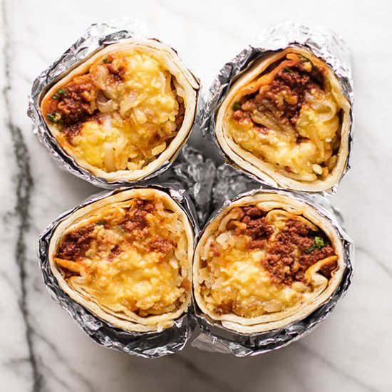 Chorizo Breakfast Burritos - Recipe photo by Girl Gone Gourmet