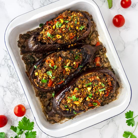 Keto Stuffed Eggplant - Recipe photo by foodaciously