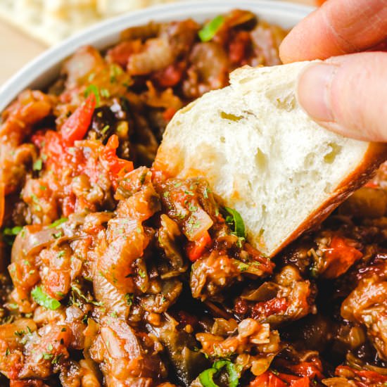 spicy eggplant & tomato dip - Recipe photo by okonomi kitchen