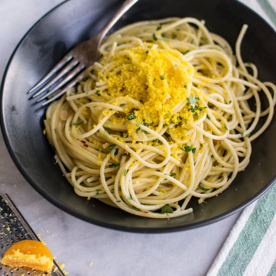Aglio e Olio with Cured Egg Yolk - Recipe photo by CarolynsCooking