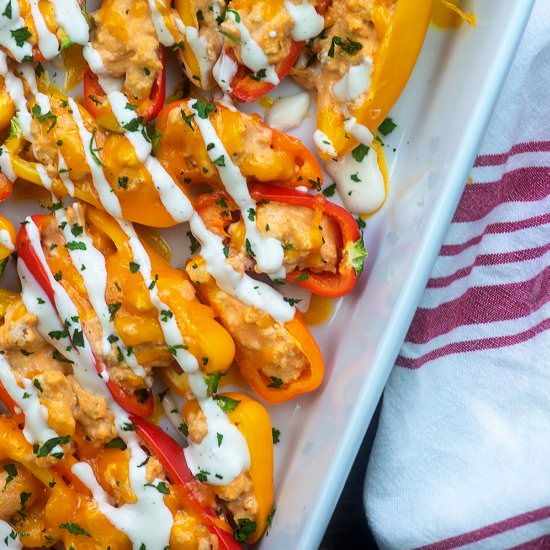 BUFFALO CHICKEN MINI SWEET PEPPERS - Recipe photo by ThatLowCarbLife