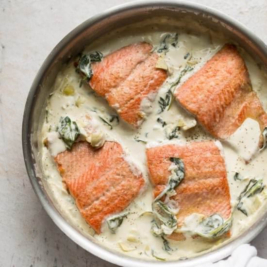 spinach artichoke salmon - Recipe photo by saltandlavender