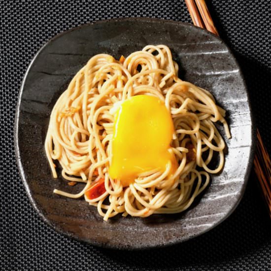 Confit egg yolk, soba, XO sauce - Recipe photo by delectabilia