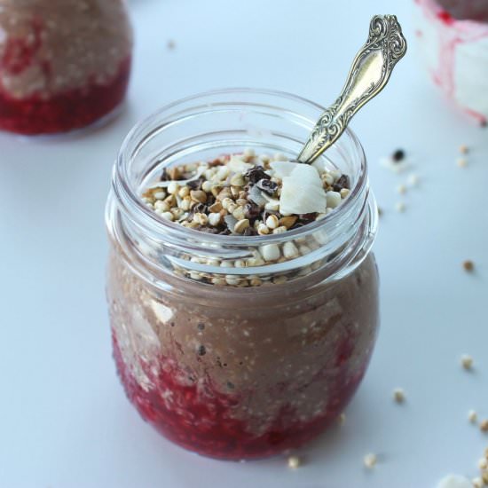Raspberry cocoa overnight oat pots - Recipe photo by Beloved Kitchen