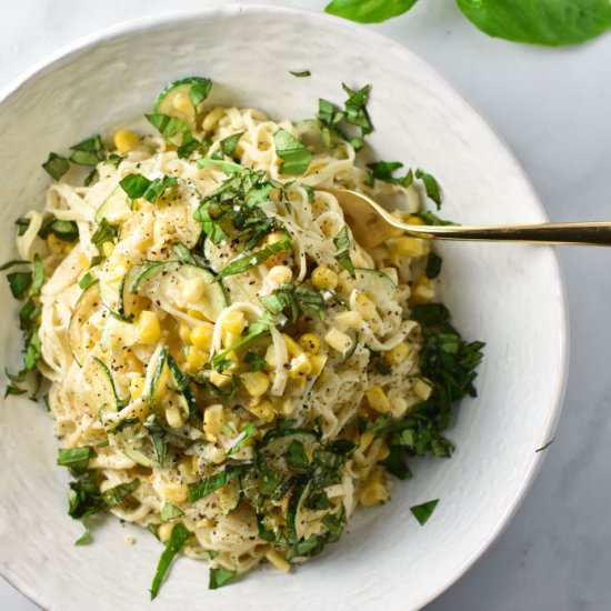 Corn, Zucchini, & Goat Cheese Pasta - Recipe photo by Thedizzycook