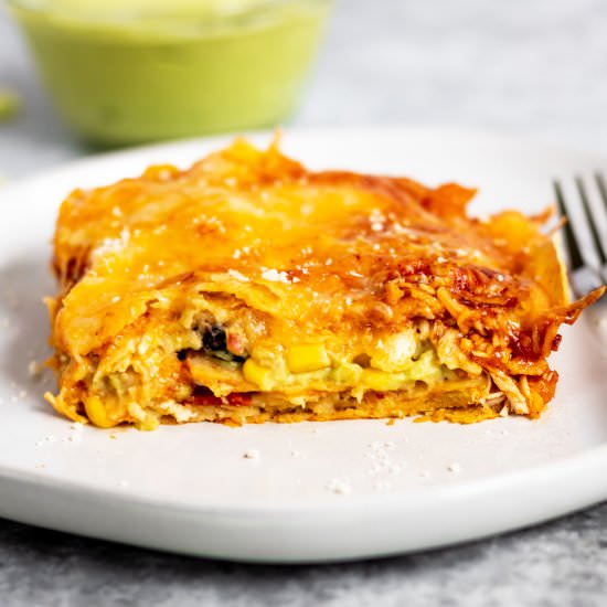 Enchilada Lasagna with Avocado Cream - Recipe photo by Mealswithmaggie