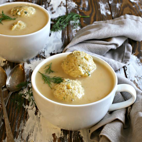 Creamy Chicken Soup with Herb Matzo - Recipe photo by Hungry Couple