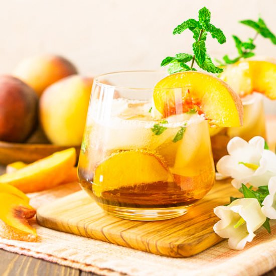 Peach-Maple Bourbon Smash - Recipe photo by Burrata and Bubbles