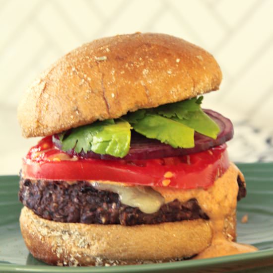 Black Bean Burger & Chipotle Sauce - Recipe photo by Savored Joy