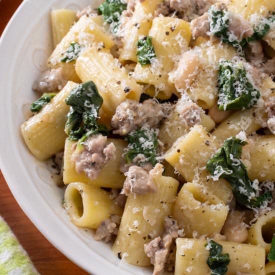 Rigatoni w/ Sausage, Beans & Greens - Recipe photo by For the Love of Cooking