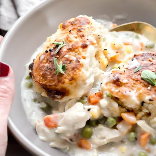 Chicken Pot Pie + Cheesy Biscuits - Recipe photo by ourbalancedbowl