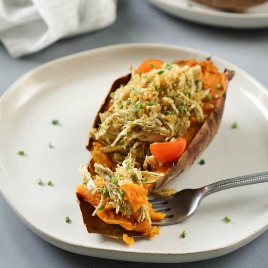 Pesto Chicken Stuffed Sweet Potato - Recipe photo by jzeats