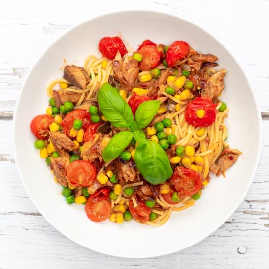 Tinned Mackerel Pasta - Recipe photo by Searchingforspice